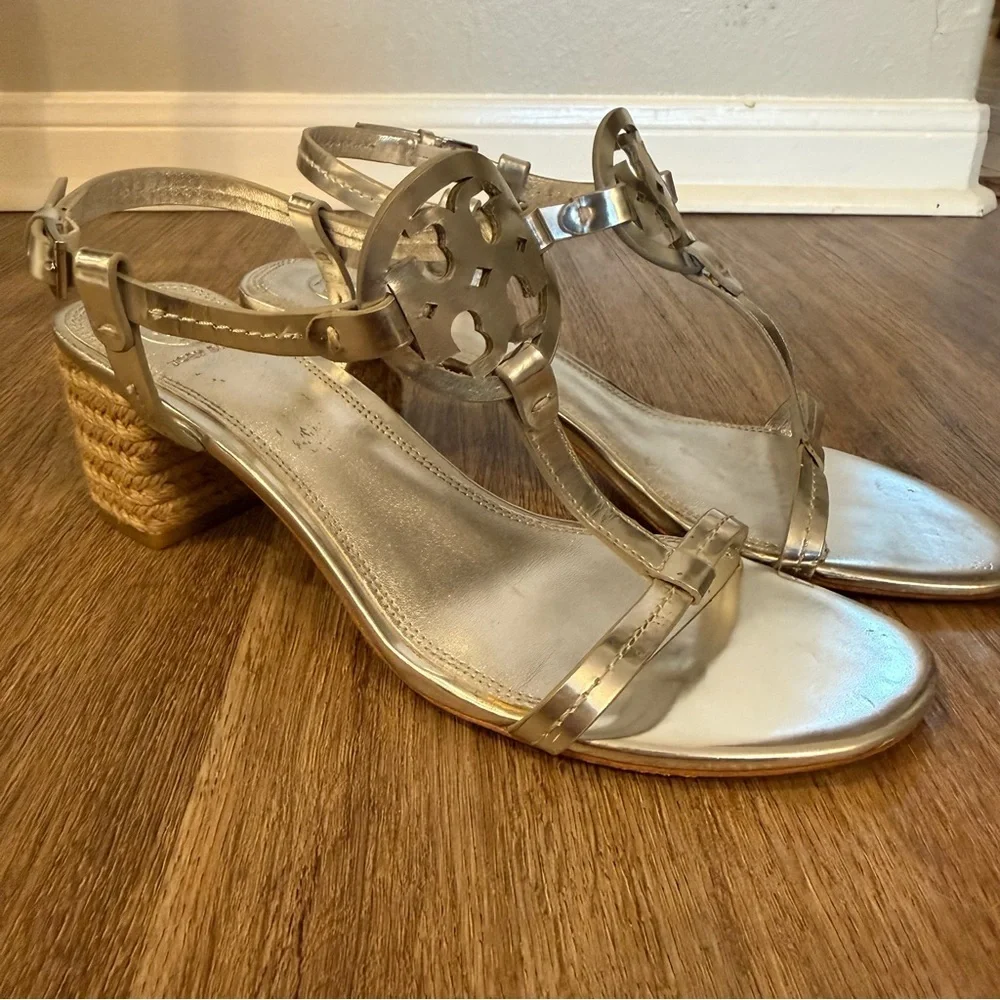 Tory Burch Women's Miller Silver Metallic Espadrille Block Heel Sandals Size 9